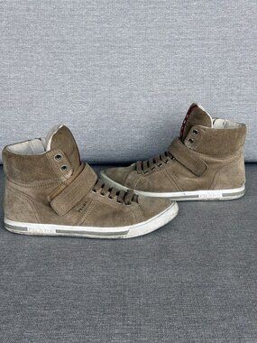 Prada Suede High Top Sneakers Tan Side Zip Strap Linea Rossa Size 37 US 7